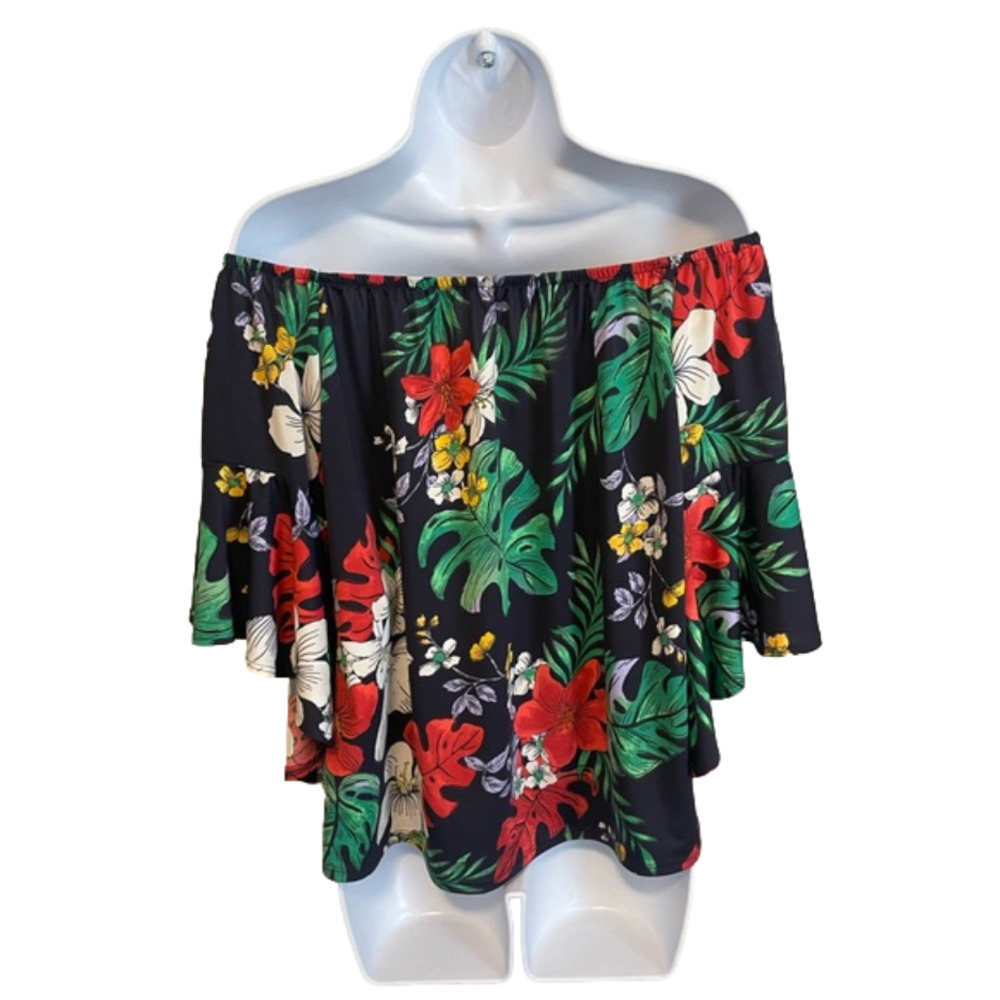 Off The shoulder Navy Floral Top Small Ruffle Tie Front Resort Feminine Tropical - Picture 3 of 10